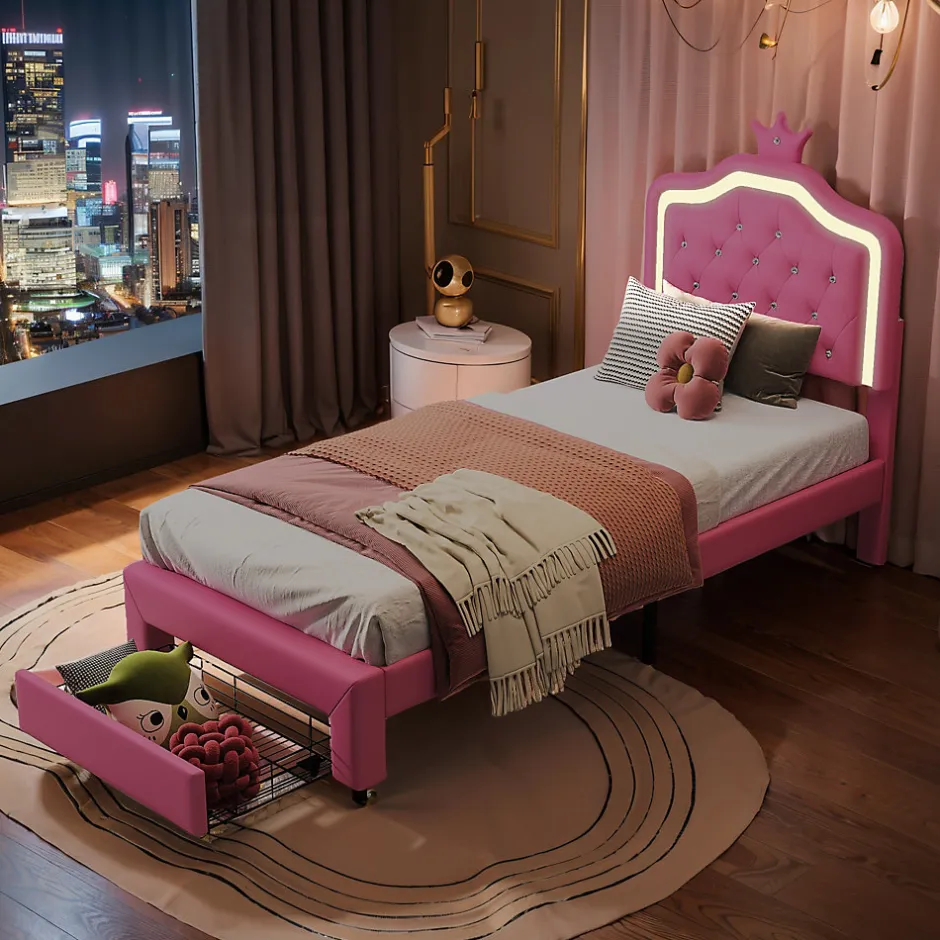 ProximaX lit enfant 90x200 cm,lit simple capitonné 90 x 200 avec tiroir,LED réglable,lit princesse avec couronne,PU,ROSE