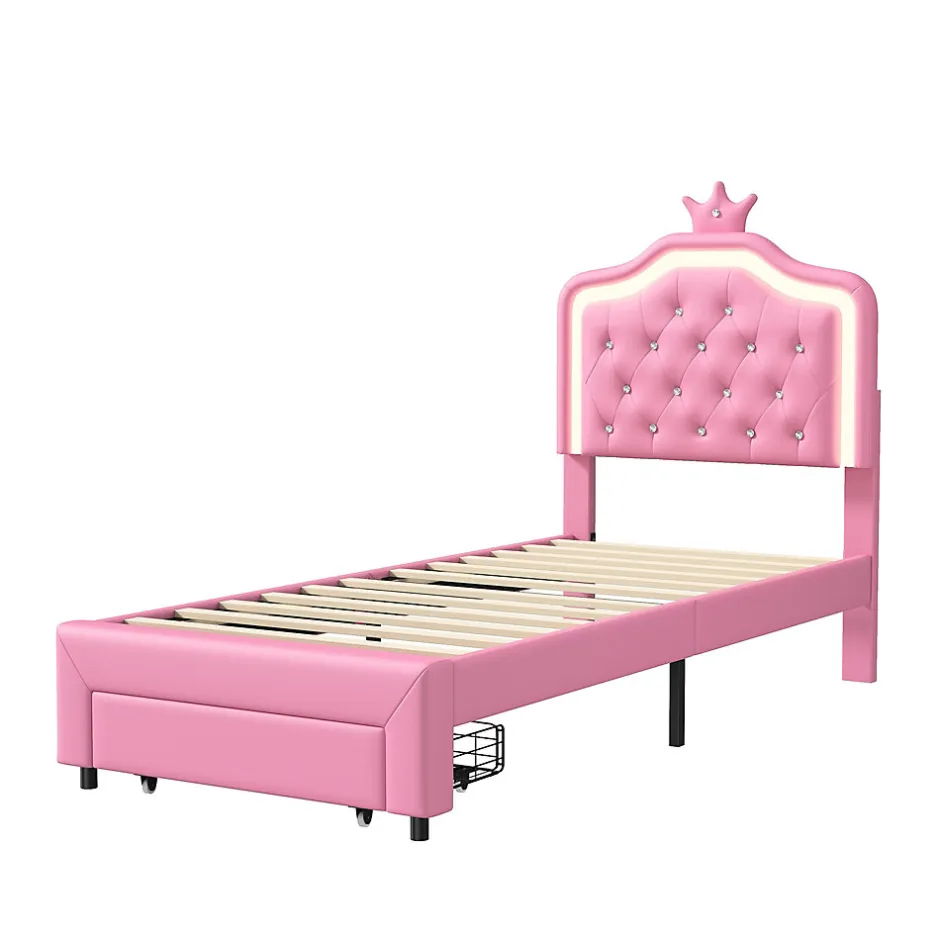 ProximaX lit enfant 90x200 cm,lit simple capitonné 90 x 200 avec tiroir,LED réglable,lit princesse avec couronne,PU,ROSE
