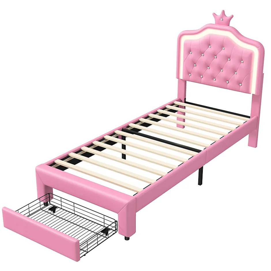 ProximaX lit enfant 90x200 cm,lit simple capitonné 90 x 200 avec tiroir,LED réglable,lit princesse avec couronne,PU,ROSE