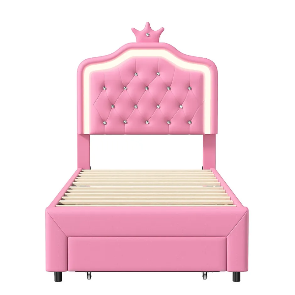 ProximaX lit enfant 90x200 cm,lit simple capitonné 90 x 200 avec tiroir,LED réglable,lit princesse avec couronne,PU,ROSE