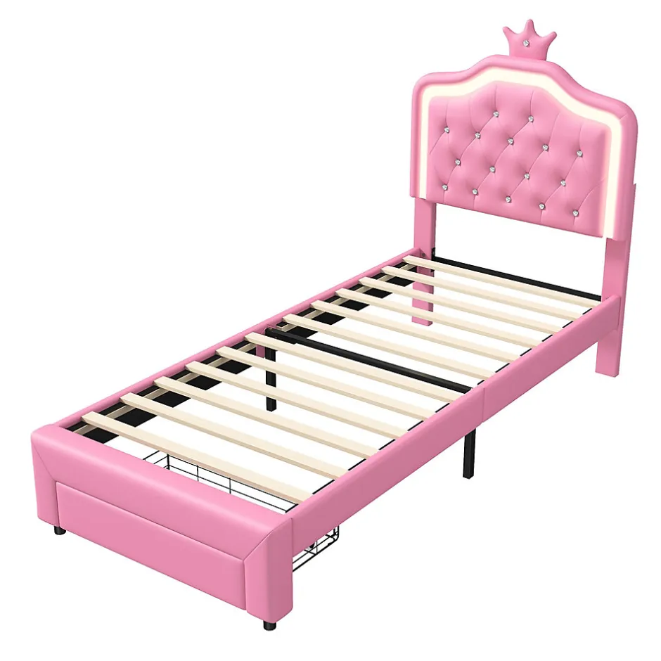 ProximaX lit enfant 90x200 cm,lit simple capitonné 90 x 200 avec tiroir,LED réglable,lit princesse avec couronne,PU,ROSE