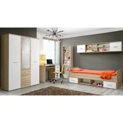 Meublorama Lit enfant 90x200 collection DENVER. coloris chene et blanc. Tiroirs inclus Discount