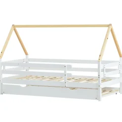 Seyakany Lit enfant 90x200 et 90x190cm, cadre en bois massif, lit simple avec roulettes et lit gigogne, forme maison, blanc+naturelle Best
