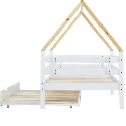 Seyakany Lit enfant 90x200 et 90x190cm, cadre en bois massif, lit simple avec roulettes et lit gigogne, forme maison, blanc+naturelle Best