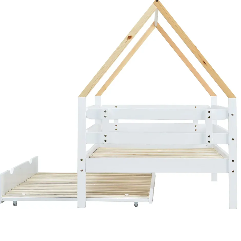 Seyakany Lit enfant 90x200 et 90x190cm, cadre en bois massif, lit simple avec roulettes et lit gigogne, forme maison, blanc+naturelle Best