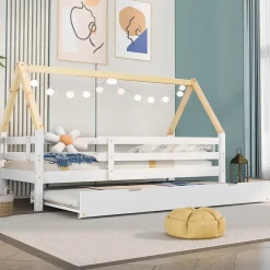 Seyakany Lit enfant 90x200 et 90x190cm, cadre en bois massif, lit simple avec roulettes et lit gigogne, forme maison, blanc+naturelle Best