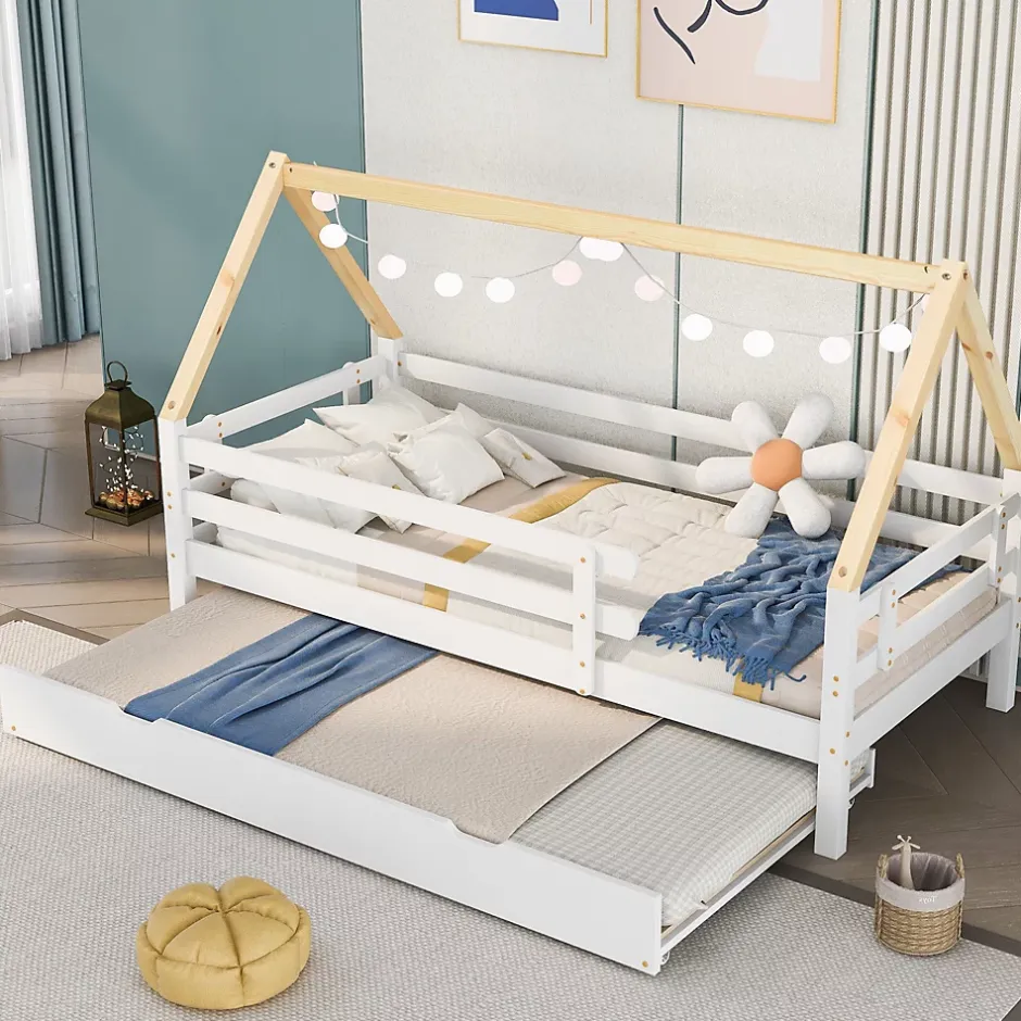 Seyakany Lit enfant 90x200 et 90x190cm, cadre en bois massif, lit simple avec roulettes et lit gigogne, forme maison, blanc+naturelle Best