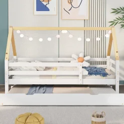 Seyakany Lit enfant 90x200 et 90x190cm, cadre en bois massif, lit simple avec roulettes et lit gigogne, forme maison, blanc+naturelle Best