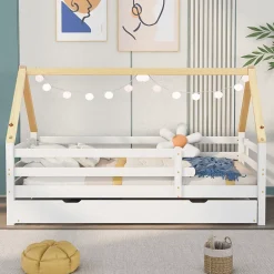 Seyakany Lit enfant 90x200 et 90x190cm, cadre en bois massif, lit simple avec roulettes et lit gigogne, forme maison, blanc+naturelle Best