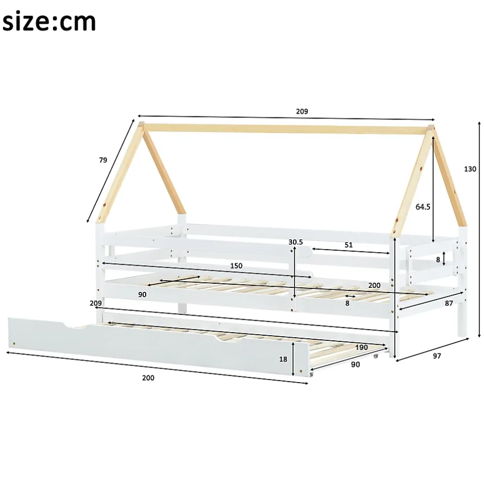 Seyakany Lit enfant 90x200 et 90x190cm, cadre en bois massif, lit simple avec roulettes et lit gigogne, forme maison, blanc+naturelle Best