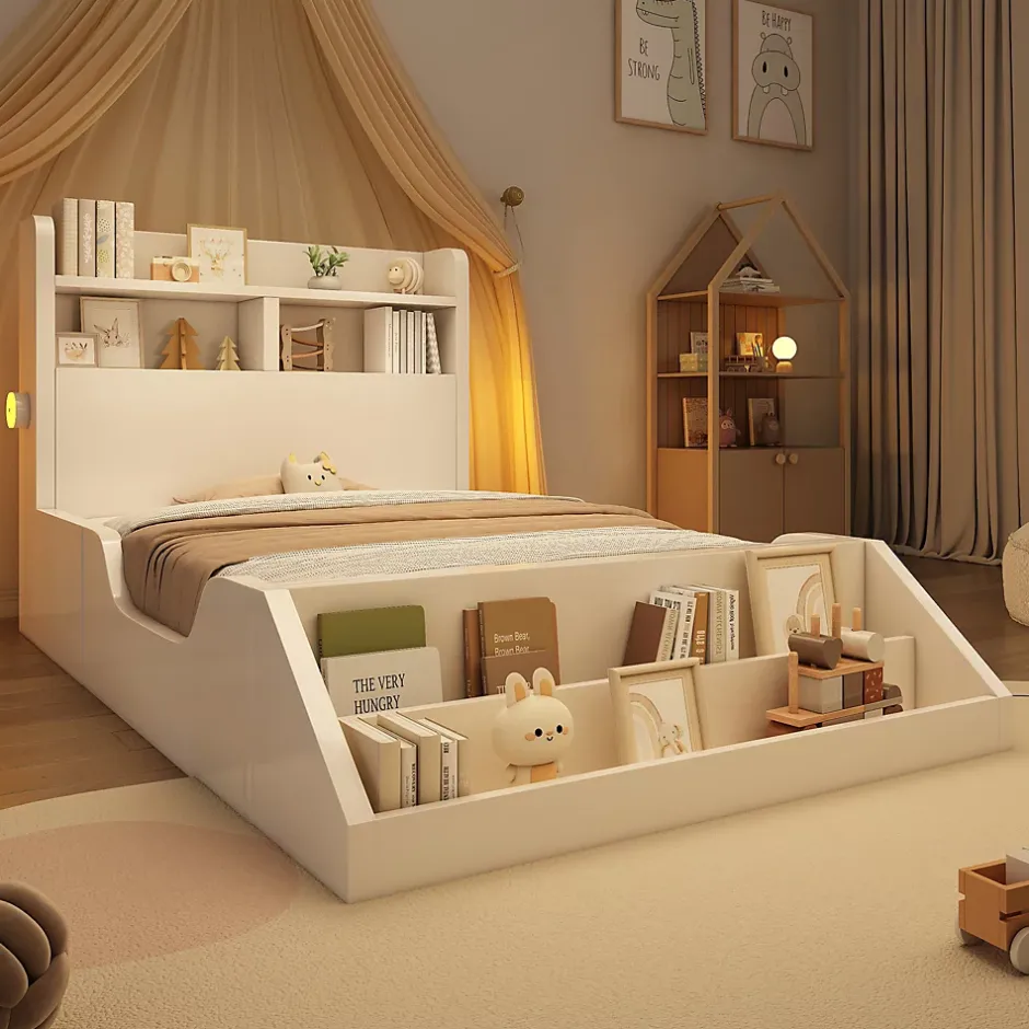 ModernLuxe Lit enfant 90x200cm - avec bibliothèque amovible - tête de lit avec étagère - avec veilleuse - Blanc (sans matelas) Hot