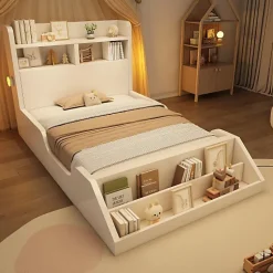 ModernLuxe Lit enfant 90x200cm - avec bibliothèque amovible - tête de lit avec étagère - avec veilleuse - Blanc (sans matelas) Hot