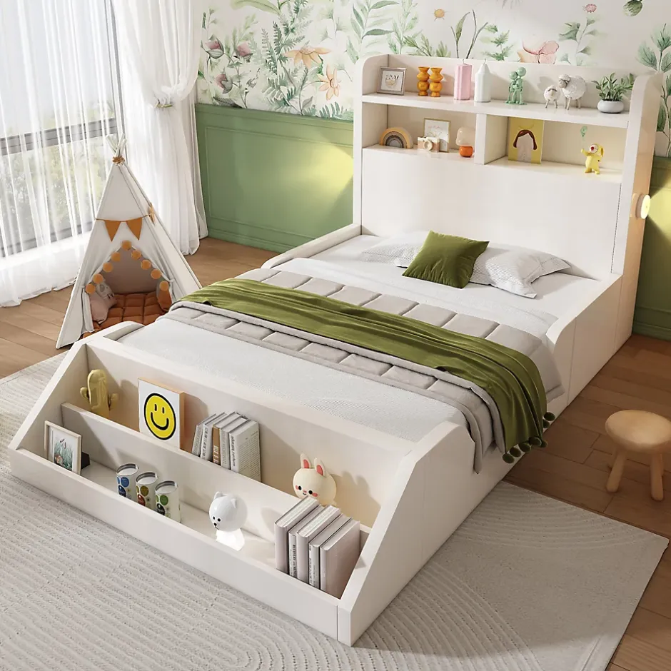 ModernLuxe Lit enfant 90x200cm - avec bibliothèque amovible - tête de lit avec étagère - avec veilleuse - Blanc (sans matelas) Hot