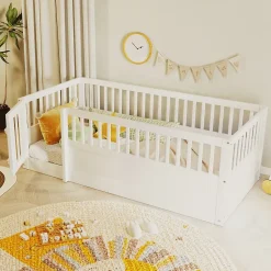 ModernLuxe Lit enfant 90x200cm - cadre en bois - barrières de sécurité - porte - blanc (sommier non inclus) Hot