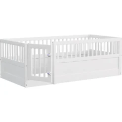 ModernLuxe Lit enfant 90x200cm - cadre en bois - barrières de sécurité - porte - blanc (sommier non inclus) Hot