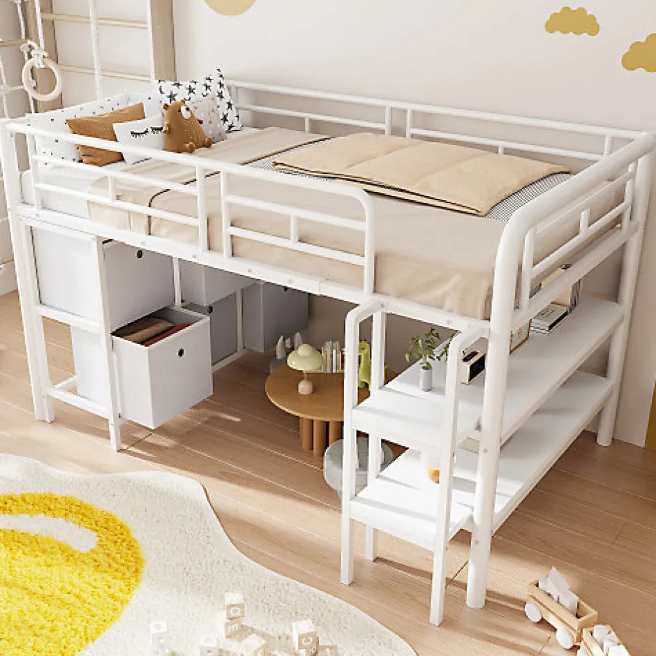 Enfant ModernLuxe Lit enfant 90x200cm - escalier - étagères - rangements - blanc (matelas non inclus)