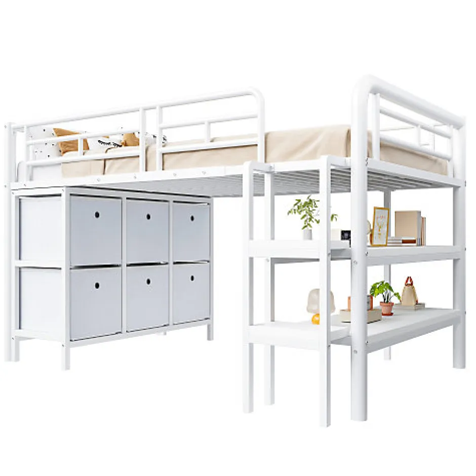 Enfant ModernLuxe Lit enfant 90x200cm - escalier - étagères - rangements - blanc (matelas non inclus)