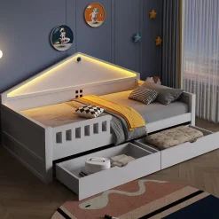 ModernLuxe Lit enfant 90x200cm - LED - 2 tiroirs - sommier à lattes - blanc (matelas non inclus) Sale