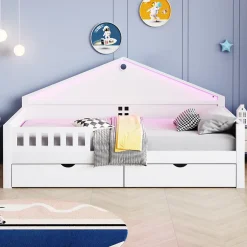 ModernLuxe Lit enfant 90x200cm - LED - 2 tiroirs - sommier à lattes - blanc (matelas non inclus) Sale