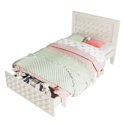 Blackcolors Lit enfant 90x190cm bois massif, rangement tiroirs, blanc, design blocs, sans matelas Hot