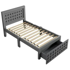 Blackcolors Lit enfant 90x200cm bois massif, rangement tiroirs, gris, design blocs, sans matelas