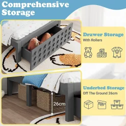 Blackcolors Lit enfant 90x200cm bois massif, rangement tiroirs, gris, design blocs, sans matelas