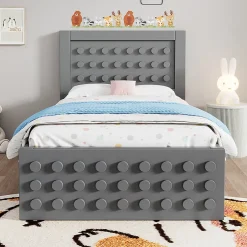 Blackcolors Lit enfant 90x200cm bois massif, rangement tiroirs, gris, design blocs, sans matelas