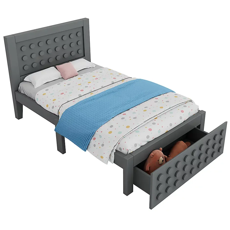 Blackcolors Lit enfant 90x200cm bois massif, rangement tiroirs, gris, design blocs, sans matelas