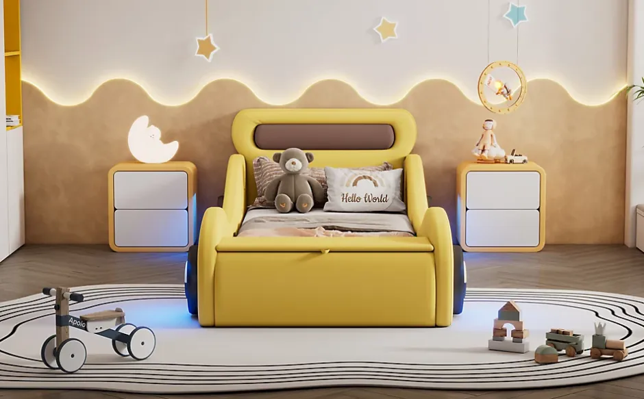 Fortuna lai Lit Enfant 90x200cm, Forme Voiture, Roues Lumineuses, Rangement, Sans Matelas, Jaune Best
