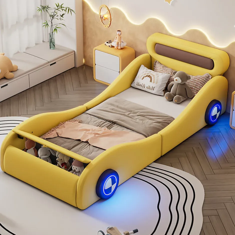 Fortuna lai Lit Enfant 90x200cm, Forme Voiture, Roues Lumineuses, Rangement, Sans Matelas, Jaune Best