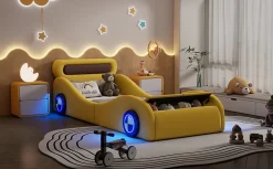 Fortuna lai Lit Enfant 90x200cm, Forme Voiture, Roues Lumineuses, Rangement, Sans Matelas, Jaune Best