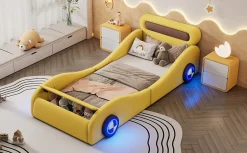 Fortuna lai Lit Enfant 90x200cm, Forme Voiture, Roues Lumineuses, Rangement, Sans Matelas, Jaune Best