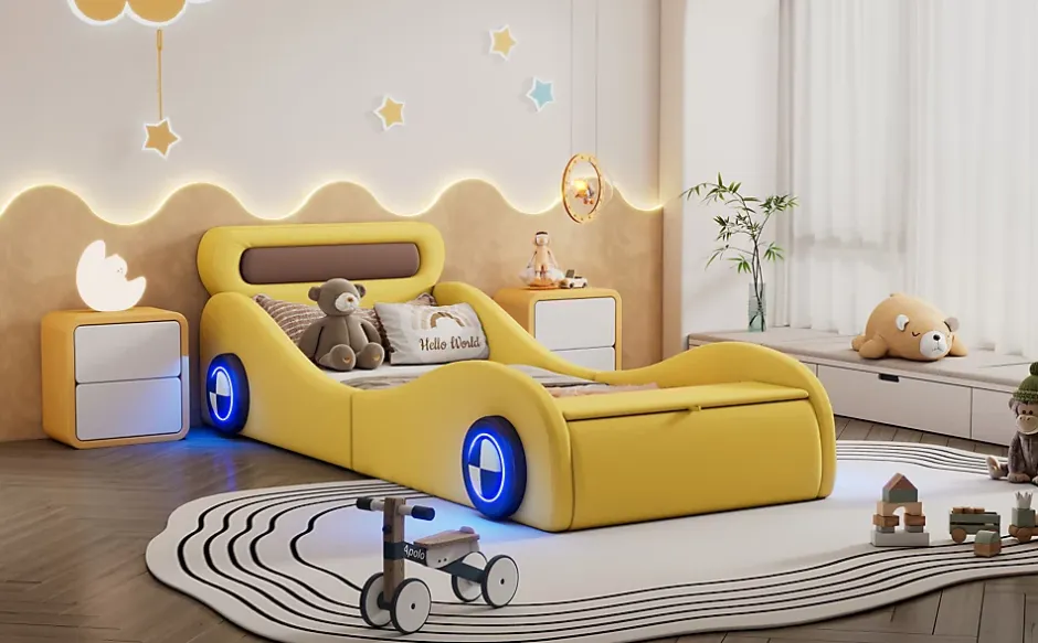 Fortuna lai Lit Enfant 90x200cm, Forme Voiture, Roues Lumineuses, Rangement, Sans Matelas, Jaune Best