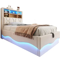 Blackcolors Lit enfant 90x200cm, LED app, USB, rangement hydraulique, lin beige