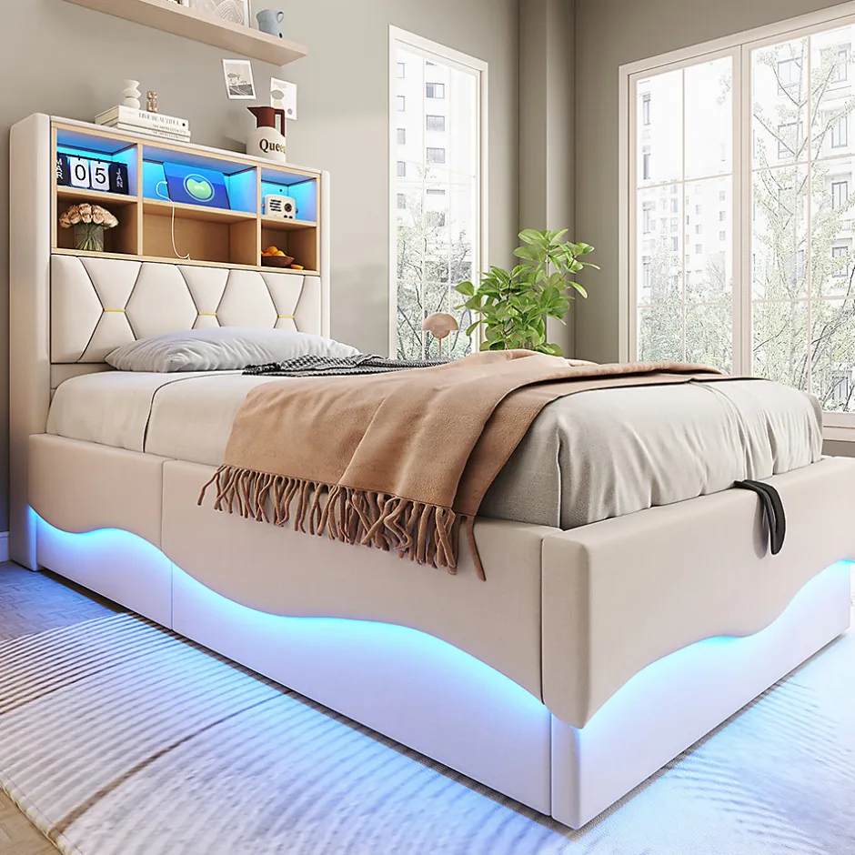 Blackcolors Lit enfant 90x200cm, LED app, USB, rangement hydraulique, lin beige