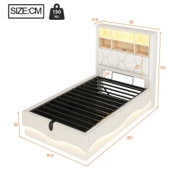 Blackcolors Lit enfant 90x200cm, LED app, USB, rangement hydraulique, lin beige