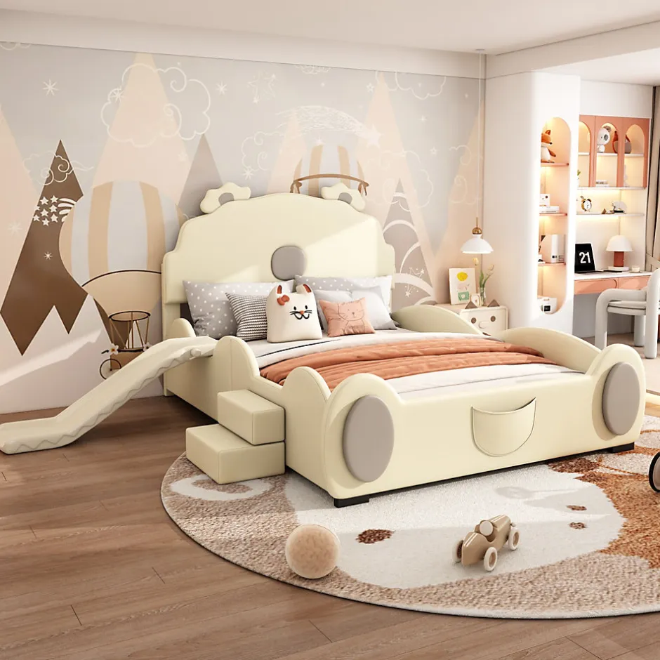 Enfant Fortuna lai Lit Enfant 140x200cm, Lit Carton avec Toboggan, Beige