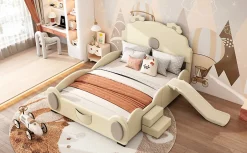 Enfant Fortuna lai Lit Enfant 140x200cm, Lit Carton avec Toboggan, Beige