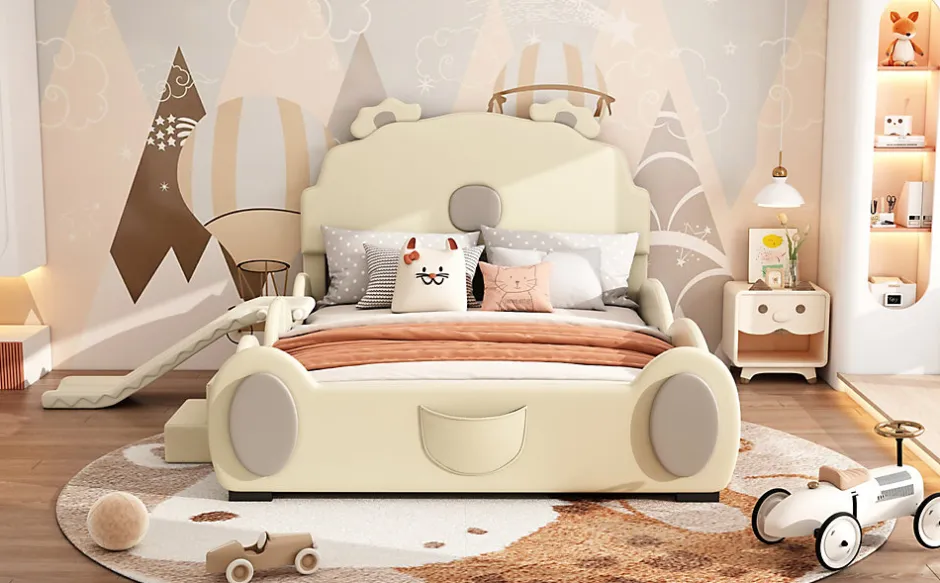 Enfant Fortuna lai Lit Enfant 140x200cm, Lit Carton avec Toboggan, Beige