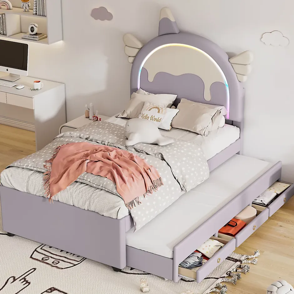 Fortuna lai Lit Enfant 90x200cm, Lit Licorne avec Lit Escamotable, Violette Discount