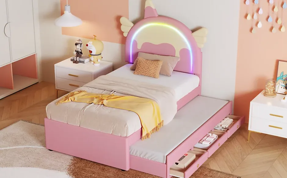 Fortuna lai Lit Enfant 90x200cm, Lit Licorne avec Lit Escamotable, Rose Online