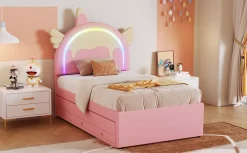 Fortuna lai Lit Enfant 90x200cm, Lit Licorne avec Lit Escamotable, Rose Online