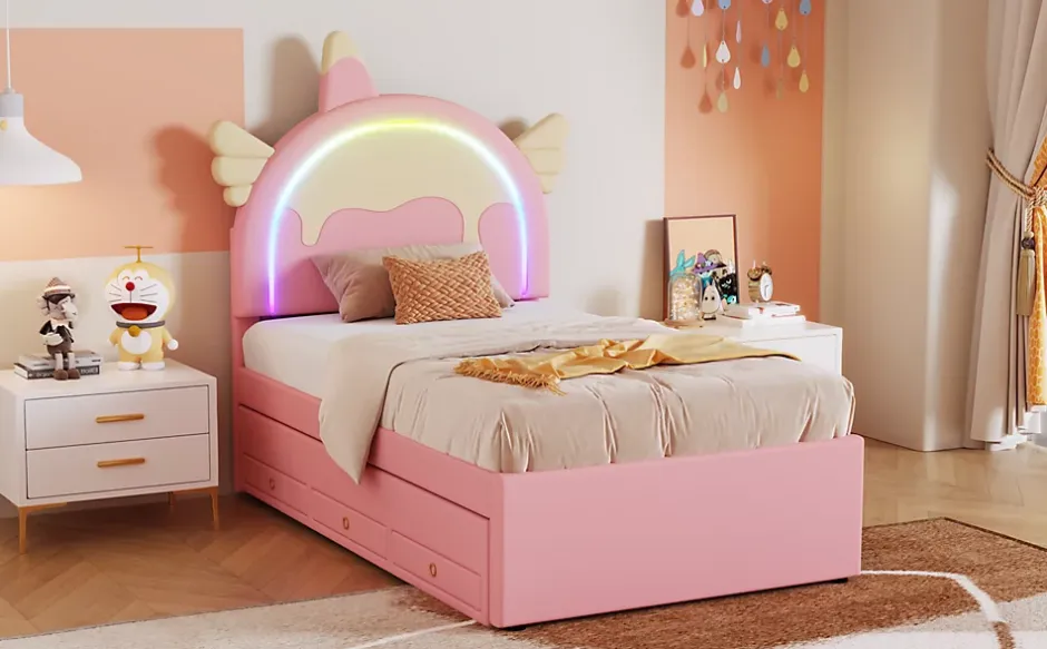Fortuna lai Lit Enfant 90x200cm, Lit Licorne avec Lit Escamotable, Rose Online