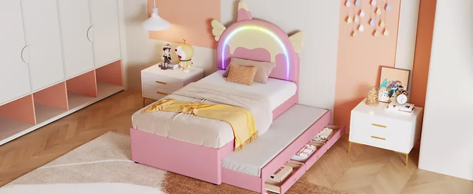 Fortuna lai Lit Enfant 90x200cm, Lit Licorne avec Lit Escamotable, Rose Online