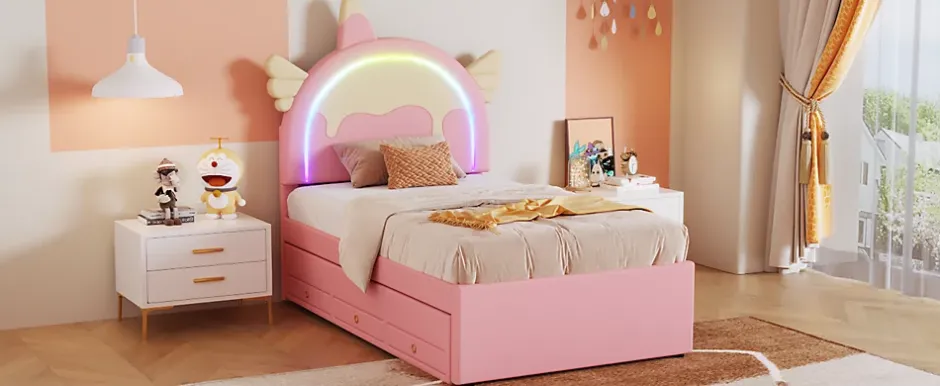 Fortuna lai Lit Enfant 90x200cm, Lit Licorne avec Lit Escamotable, Rose Online