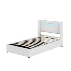 Generique Lit enfant, 90x200cm, PU, LED, USB, Bluetooth, coffre, sommier, beige