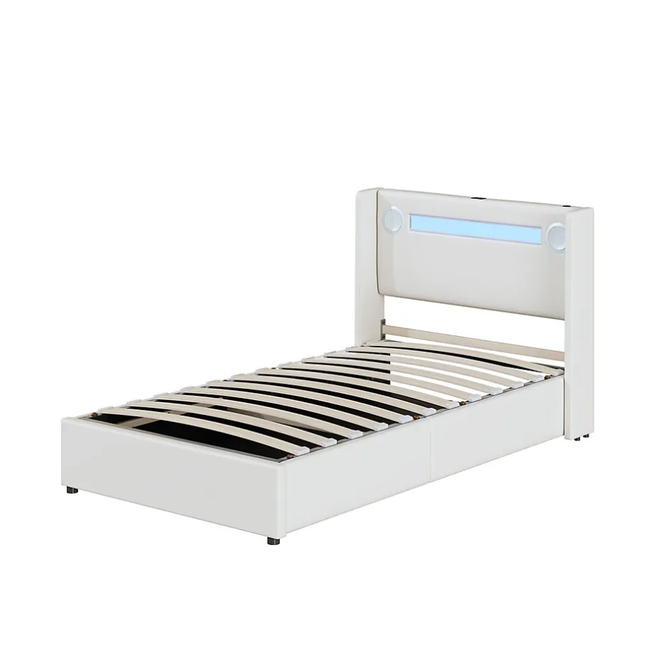 Generique Lit enfant, 90x200cm, PU, LED, USB, Bluetooth, coffre, sommier, beige