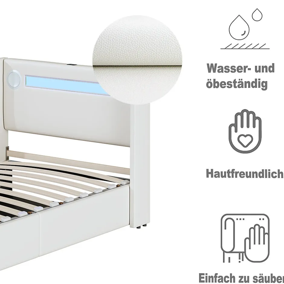 Generique Lit enfant, 90x200cm, PU, LED, USB, Bluetooth, coffre, sommier, beige