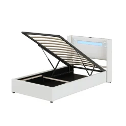 Generique Lit enfant, 90x200cm, PU, LED, USB, Bluetooth, coffre, sommier, beige