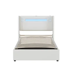 Generique Lit enfant, 90x200cm, PU, LED, USB, Bluetooth, coffre, sommier, beige
